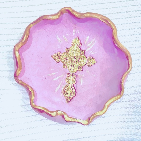 Gold Cross Handmade Pottery Jewelry Dish Communion Easter - Picture 6 of 7